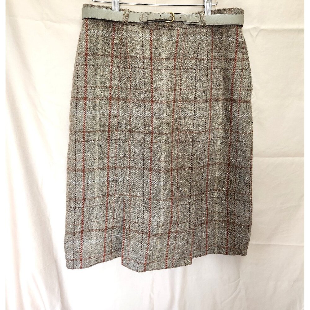 Vintage Wool A-line Skirt Tweed Plaid w Belt, Kick Pleats, Side Zip, Fully Lined